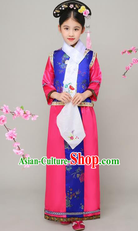 Traditional Chinese Qing Dynasty Court Princess Rosy Costume, China Manchu Palace Lady Embroidered Clothing for Kids