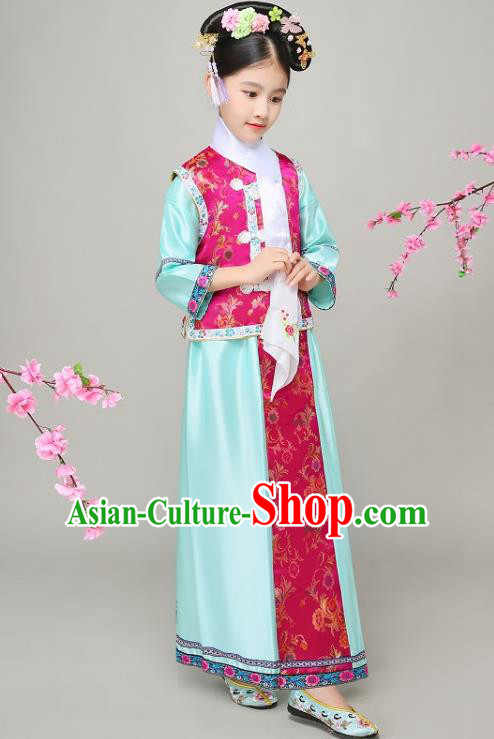 Traditional Chinese Qing Dynasty Court Princess Blue Costume, China Manchu Palace Lady Embroidered Clothing for Kids