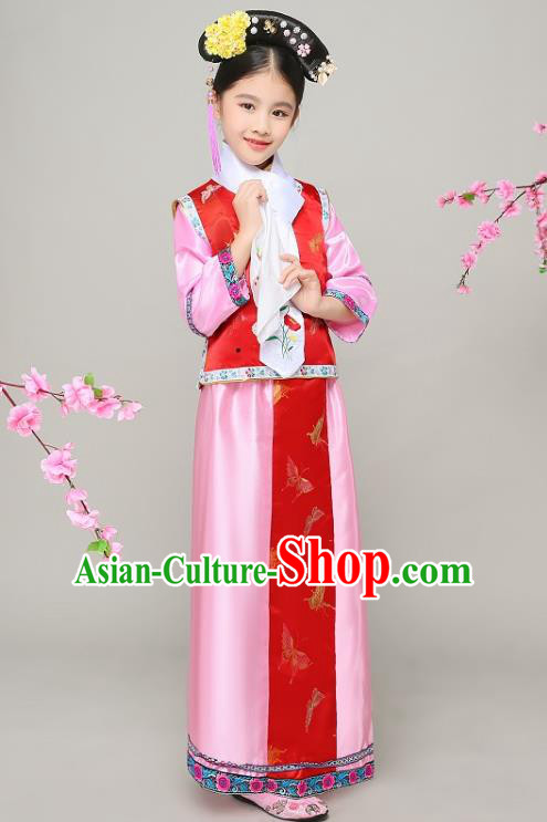 Traditional Chinese Qing Dynasty Court Princess Costume, China Manchu Palace Lady Red Clothing for Kids