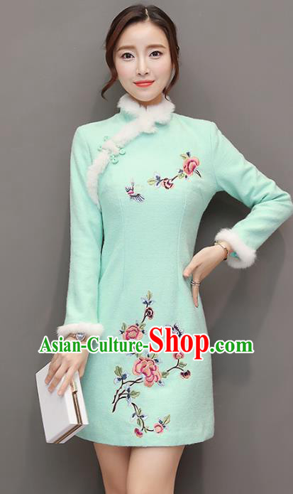 Traditional Chinese National Costume Hanfu Embroidered Butterfly Peony Green Qipao Dress, China Tang Suit Cheongsam for Women