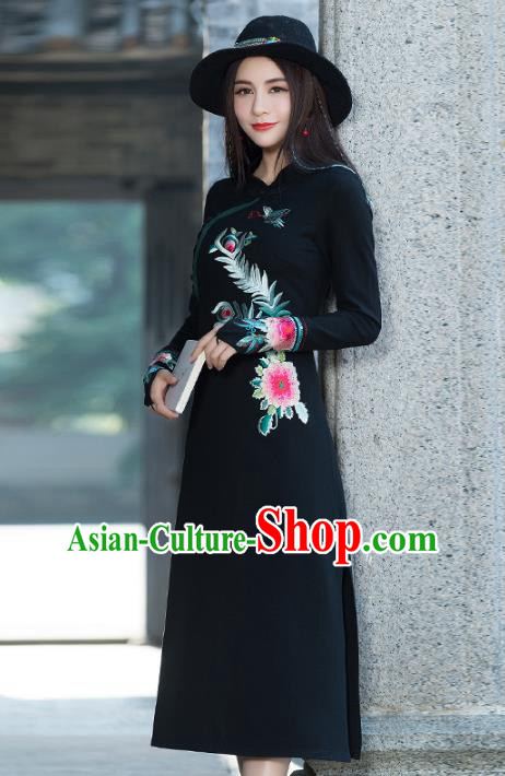 Traditional Chinese National Costume Hanfu Embroidered Peony Black Qipao, China Tang Suit Cheongsam Dress for Women