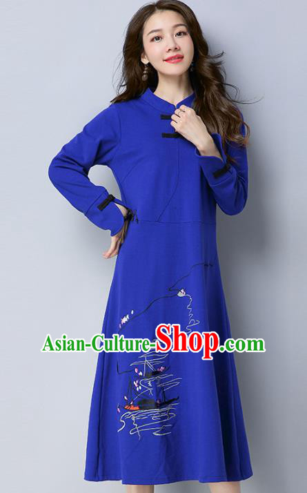 Traditional Chinese National Costume Hanfu Embroidered Blue Qipao Dress, China Tang Suit Cheongsam for Women