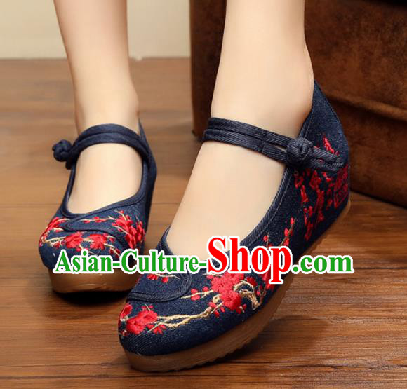 Asian Chinese National Black Linen Embroidered Shoes, Traditional China Princess Shoes Hanfu Embroidery Wintersweet Shoes for Women