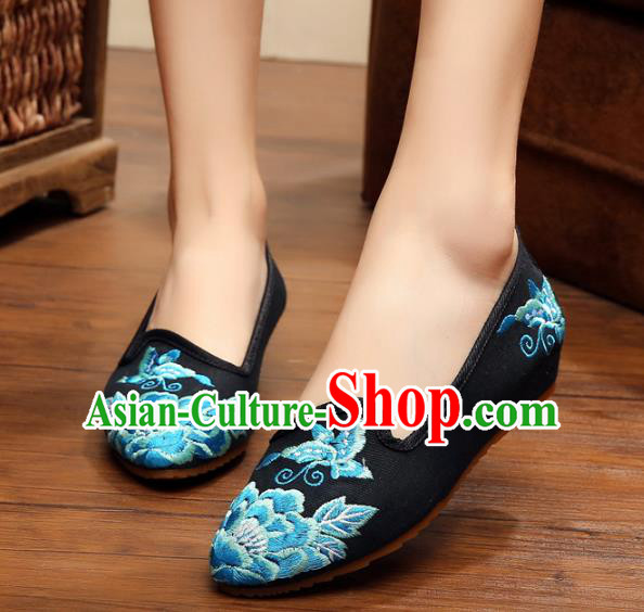 Traditional Chinese National Embroidered Shoes, China Princess Shoes Hanfu Embroidery Peony Black Shoes for Women