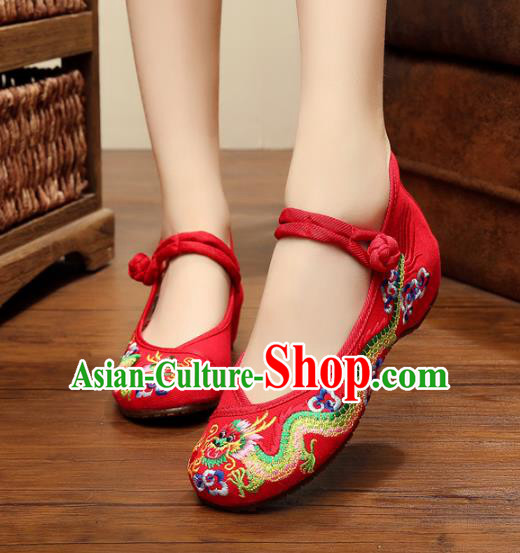 Traditional Chinese National Red Satin Embroidered Lotus Shoes, China Princess Shoes Hanfu Embroidery Dragons Shoes for Women