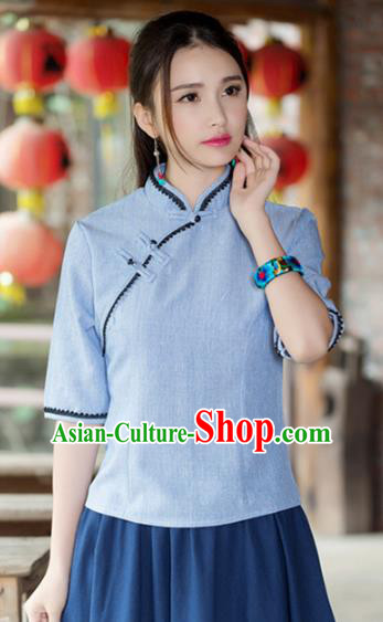 Traditional Chinese National Costume Hanfu Plated Buttons Blue Blouse, China Tang Suit Cheongsam Upper Outer Garment Shirt for Women