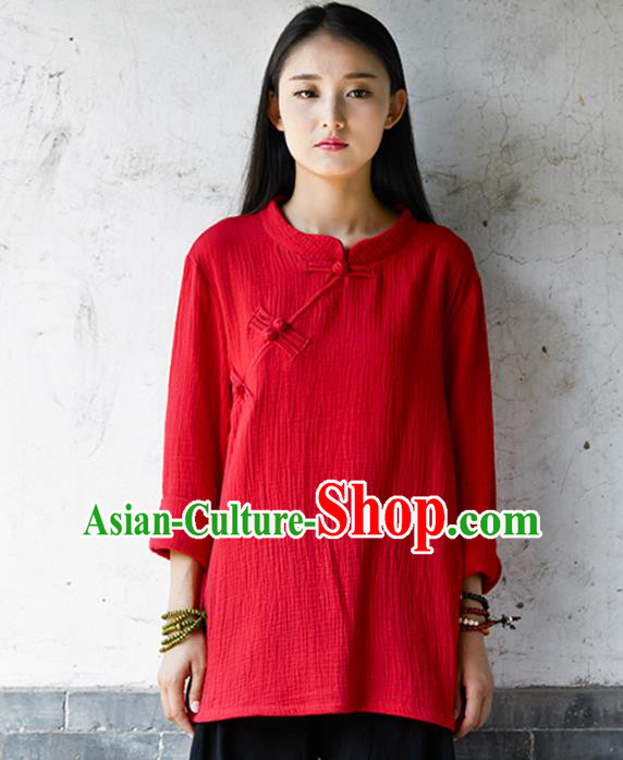 Traditional Chinese National Costume Hanfu Red Linen Blouse, China Tang Suit Cheongsam Upper Outer Garment Shirt for Women