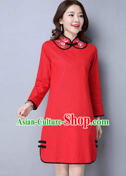 Traditional Chinese National Costume Hanfu Red Embroidered Qipao Dress, China Tang Suit Cheongsam for Women
