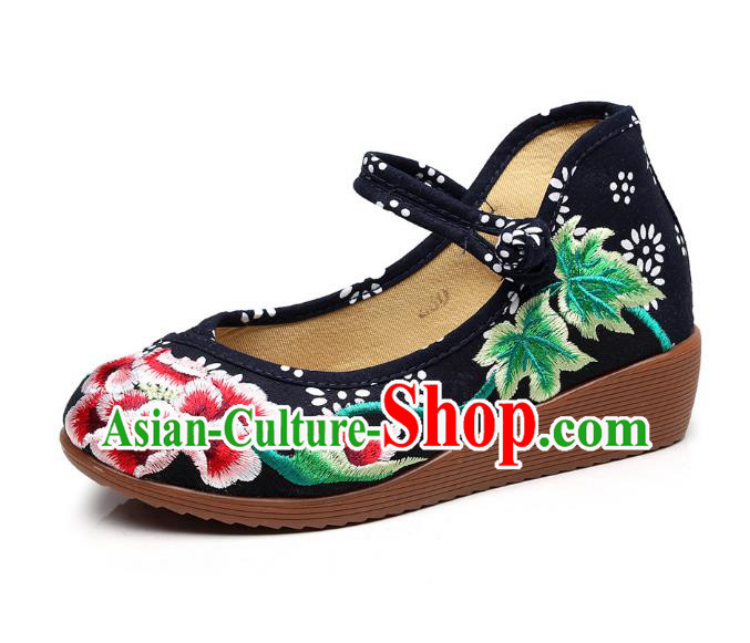 Traditional Chinese National Hanfu Black Embroidered Shoes, China Princess Embroidery Peony Shoes for Women