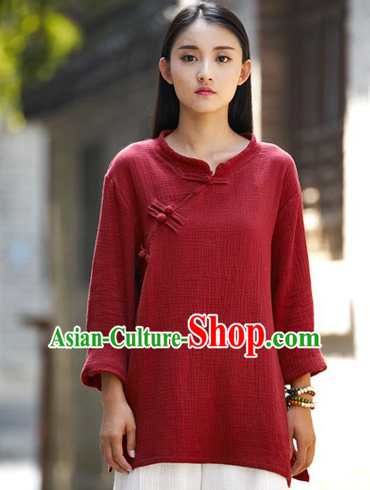 Traditional Chinese National Costume Hanfu Linen Red Blouse, China Tang Suit Cheongsam Upper Outer Garment Shirt for Women