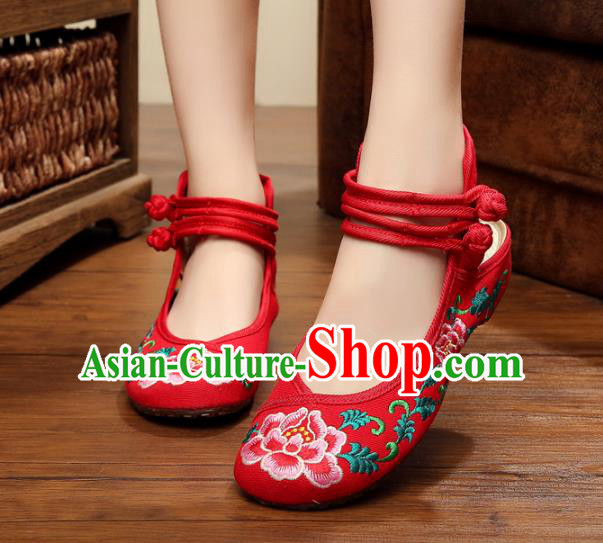 Traditional Chinese National Hanfu Shoes Embroidered Peony Shoes, China Princess Red Embroidery Shoes for Women