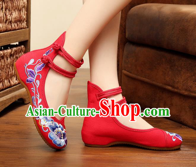 Traditional Chinese National Wedding Shoes Embroidered Peony Shoes, China Princess Embroidery Shoes for Women