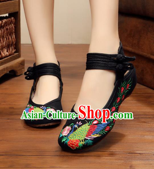 Traditional Chinese National Black Embroidered Shoes, China Princess Embroidery Phoenix Peony Shoes for Women