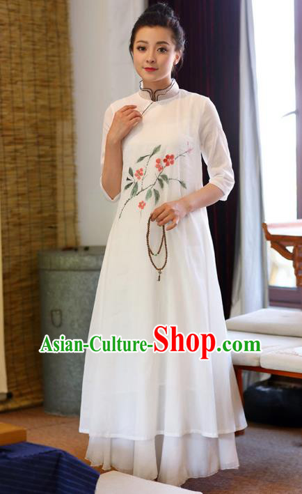 Traditional Chinese National Costume Hanfu Painting Flowers White Linen Qipao Dress, China Tang Suit Cheongsam for Women