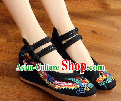 Traditional Chinese National Hanfu Wedding Black Embroidered Shoes, China Princess Embroidery Phoenix Shoes for Women