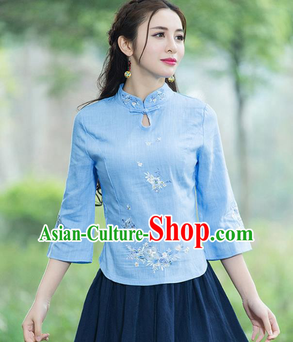 Traditional Chinese National Costume Hanfu Embroidery Blue Blouse, China Tang Suit Cheongsam Upper Outer Garment Shirt for Women