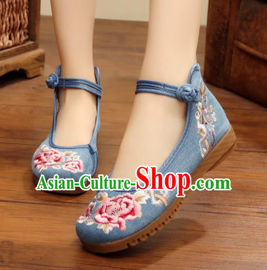 Traditional Chinese National Hanfu Linen Embroidered Shoes, China Princess Embroidery Peony Blue Shoes for Women