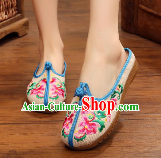 Traditional Chinese National Hanfu Embroidered Slippers, China Princess Embroidery Peony White Shoes for Women