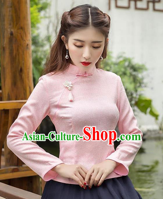 Traditional Chinese National Costume Hanfu Slant Opening Pink Cheongsam Blouse, China Tang Suit Upper Outer Garment Shirt for Women