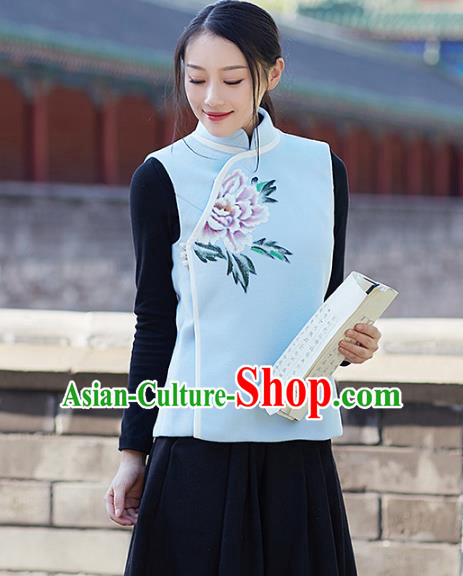 Traditional Chinese National Costume Hanfu Printing Peony Cheongsam Vests, China Tang Suit Waistcoat for Women