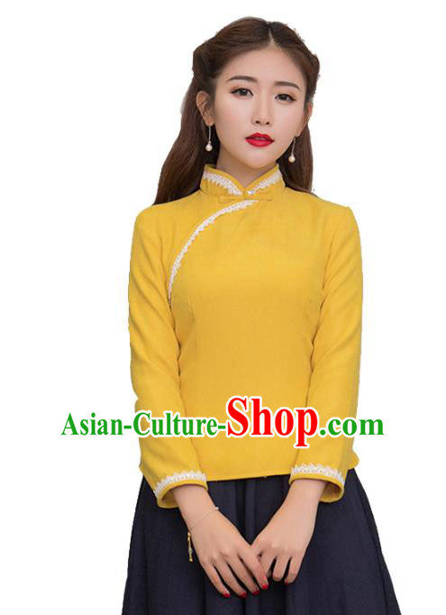 Traditional Chinese National Costume Hanfu Yellow Blouse, China Tang Suit Cheongsam Upper Outer Garment Shirt for Women