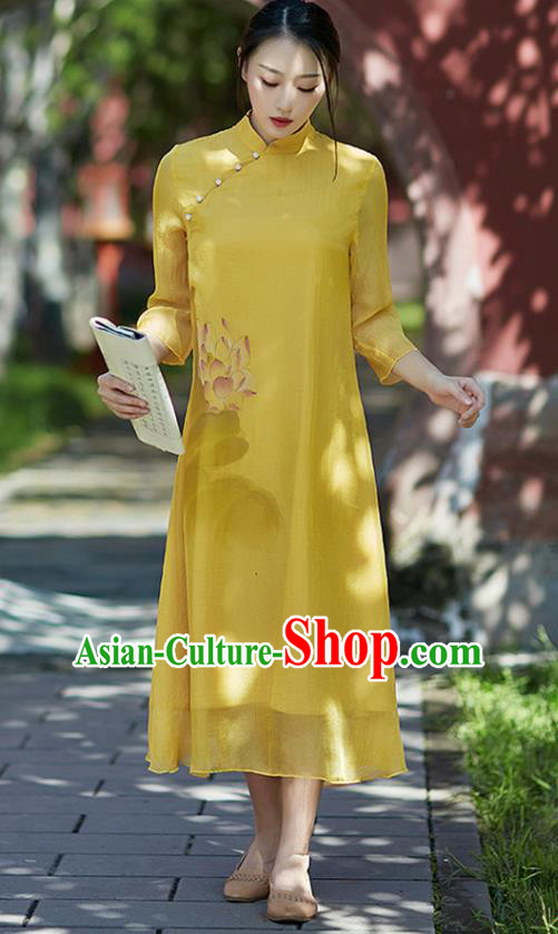 Traditional Chinese National Costume Hanfu Painting Lotus Yellow Qipao Dress, China Tang Suit Cheongsam for Women