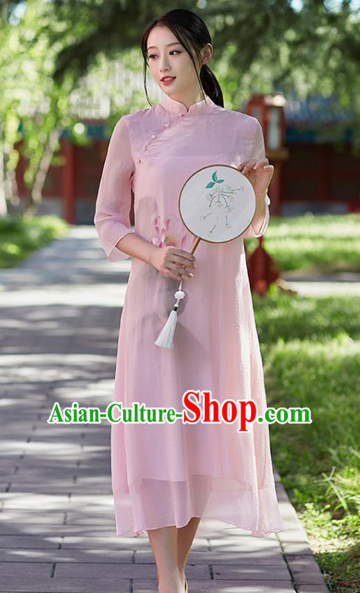 Traditional Chinese National Costume Hanfu Painting Lotus Pink Qipao Dress, China Tang Suit Cheongsam for Women