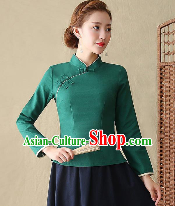 Traditional Chinese National Costume Hanfu Plated Buttons Shirts, China Tang Suit Cheongsam Upper Outer Garment Green Blouse for Women