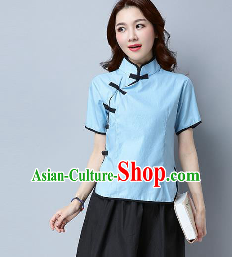 Traditional Chinese National Costume Hanfu Blue Qipao Blouse, China Tang Suit Cheongsam Upper Outer Garment Shirt for Women