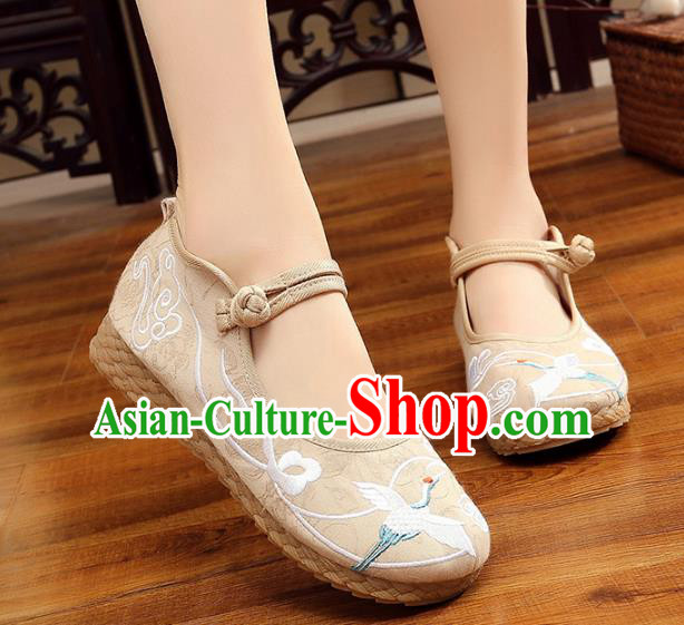 Traditional Chinese National Hanfu White Embroidery Crane Shoes, China Princess Embroidered Shoes for Women