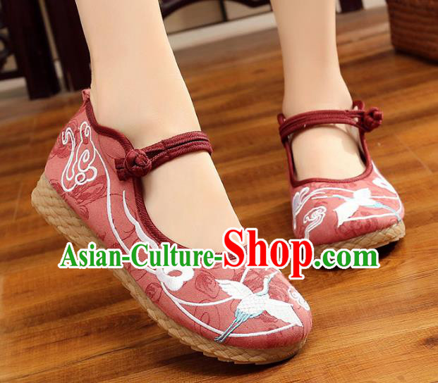 Traditional Chinese National Hanfu Red Embroidery Crane Shoes, China Princess Embroidered Shoes for Women