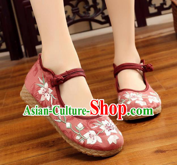 Traditional Chinese National Hanfu Embroidery Peach Blossom Red Shoes, China Princess Embroidered Shoes for Women