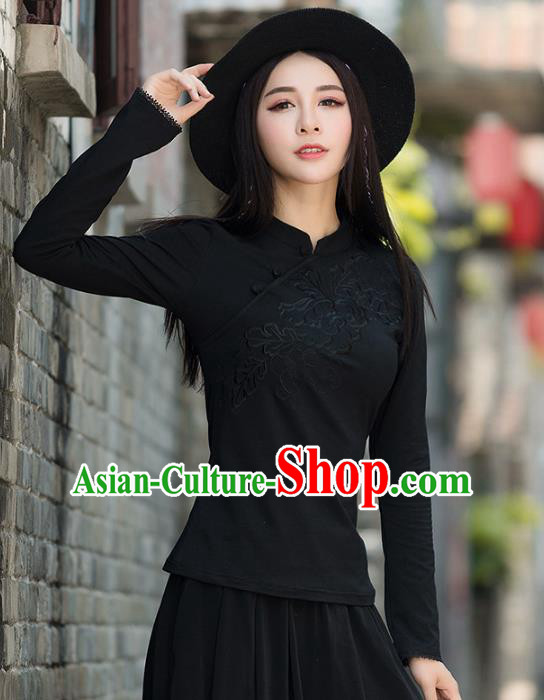 Traditional Chinese National Costume Hanfu Black Embroidered Blouse, China Tang Suit Cheongsam Upper Outer Garment Shirt for Women