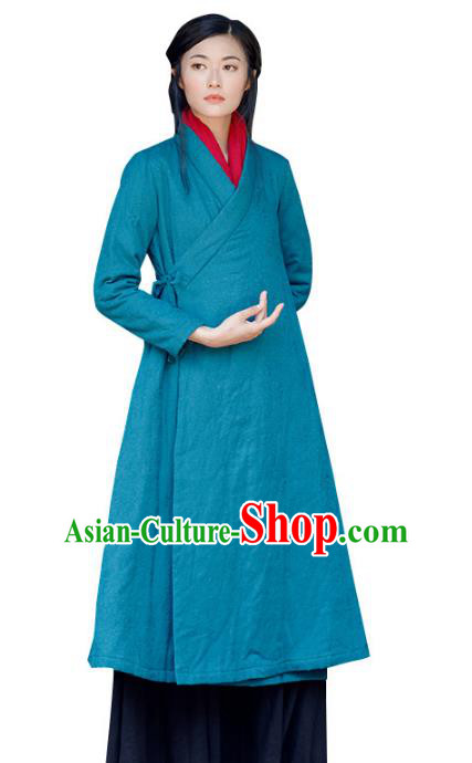 Traditional Chinese National Costume Hanfu Slant Opening Cotton-padded Coats, China Tang Suit Blue Dust Coat for Women