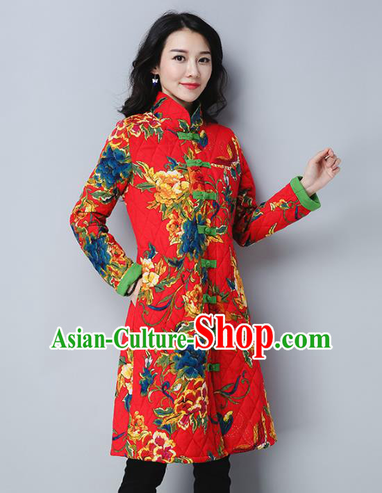 Traditional Chinese National Costume Hanfu Plated Buttons Red Cotton-padded Coats, China Tang Suit Coat for Women