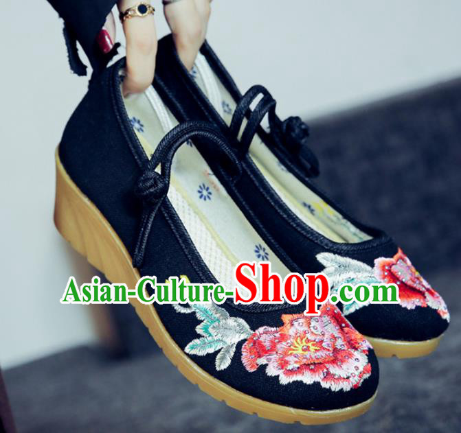 Traditional Chinese National Hanfu Embroidery Peony Black Shoes, China Embroidered Shoes for Women