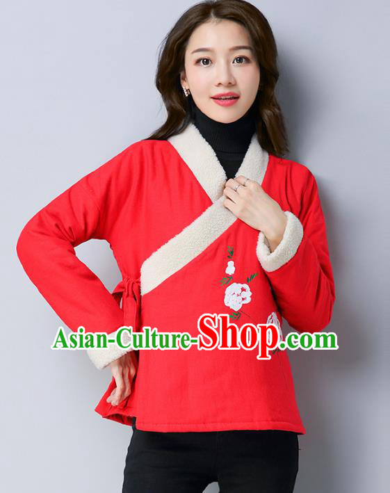 Traditional Chinese National Costume Hanfu Slant Opening Red Blouse, China Tang Suit Cheongsam Upper Outer Garment Shirt for Women
