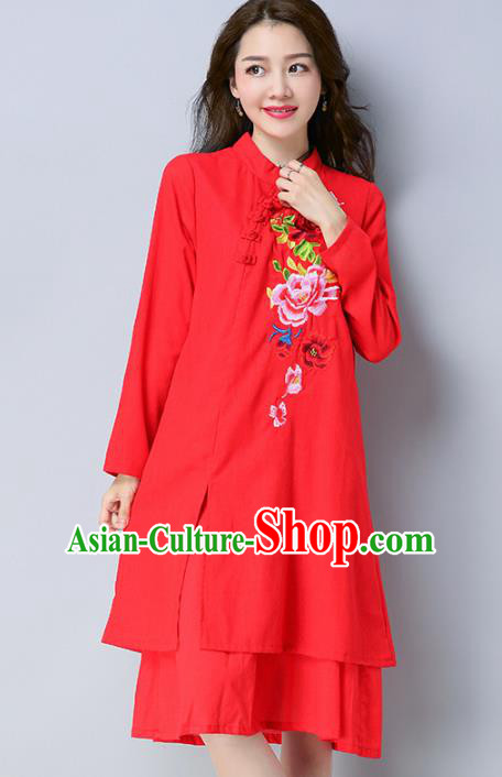 Traditional Chinese National Costume Hanfu Embroidered Red Qipao Dress, China Tang Suit Cheongsam for Women