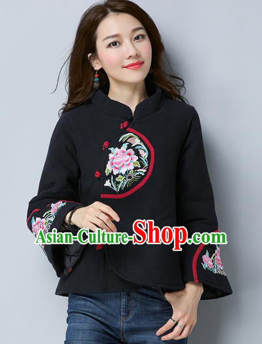 Traditional Chinese National Costume Hanfu Embroidered Peony Cotton-padded Jacket, China Tang Suit Black Coat for Women