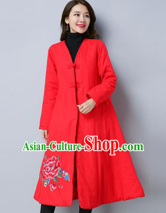 Traditional Chinese National Costume Hanfu Embroidered Red Cotton-padded Coat, China Tang Suit Coat for Women
