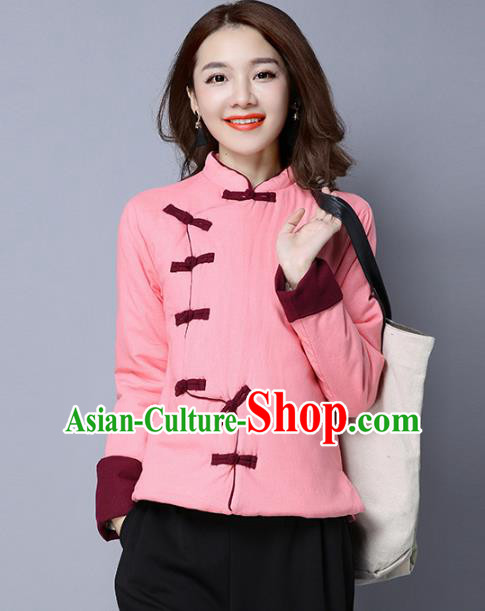 Traditional Chinese National Costume Hanfu Pink Cotton-padded Jacket, China Tang Suit Coat for Women