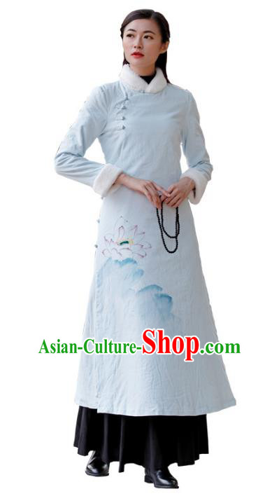 Traditional Chinese National Costume Hanfu Printing Lotus Blue Qipao, China Tang Suit Cheongsam Dress for Women