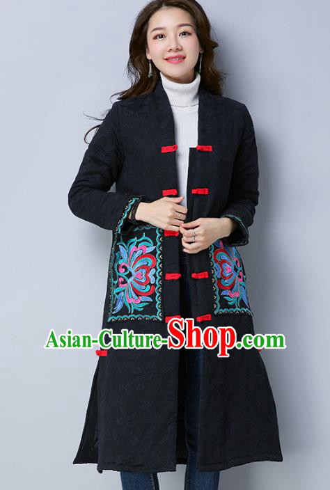 Traditional Chinese National Costume Hanfu Embroidered Black Dust Coat, China Tang Suit Coat for Women