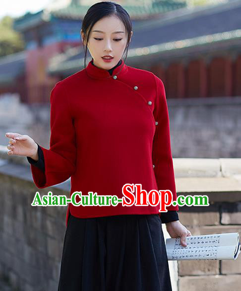 Traditional Chinese National Costume Hanfu Red Woolen Blouse, China Tang Suit Cheongsam Upper Outer Garment Shirt for Women