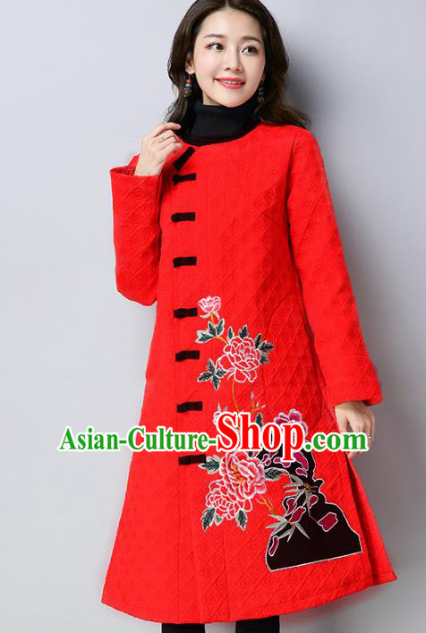 Traditional Chinese National Costume Hanfu Red Embroidered Dust Coat, China Tang Suit Outer Garment Coat for Women