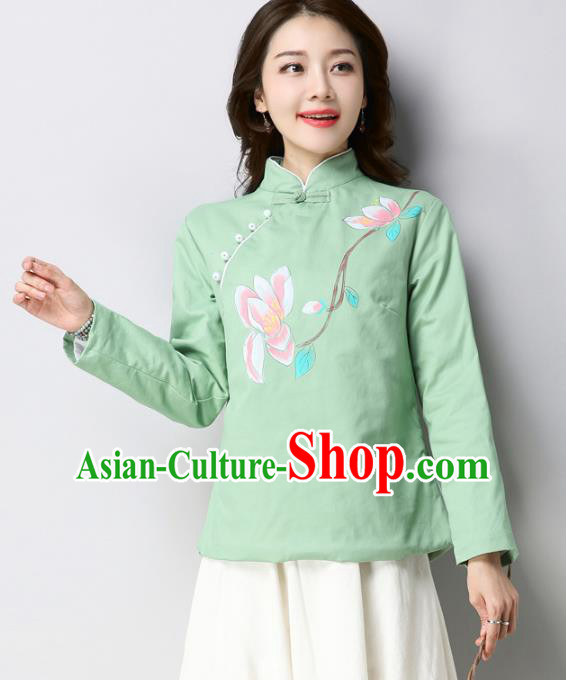 Traditional Chinese National Costume Hanfu Printing Magnolia Green Qipao Blouse, China Tang Suit Cheongsam Shirts for Women