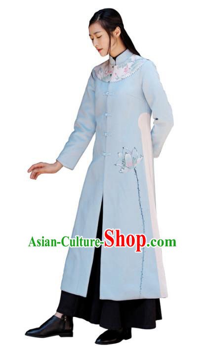 Traditional Chinese National Costume Hanfu Painting Lotus Qipao Coat, China Tang Suit Cheongsam Dust Coat for Women