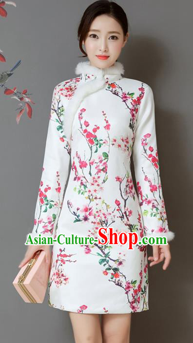 Traditional Chinese National Costume Hanfu Printing Wintersweet White Qipao Dress, China Tang Suit Cheongsam for Women