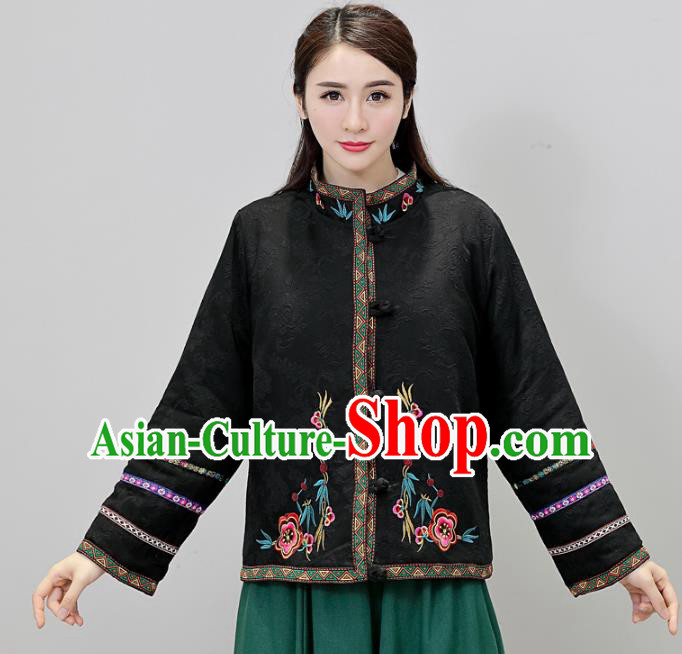 Traditional Chinese National Costume Hanfu Embroidered Black Jacket, China Tang Suit Coat for Women