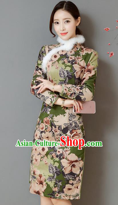 Traditional Chinese National Costume Hanfu Printing Green Qipao, China Tang Suit Cheongsam Dress for Women